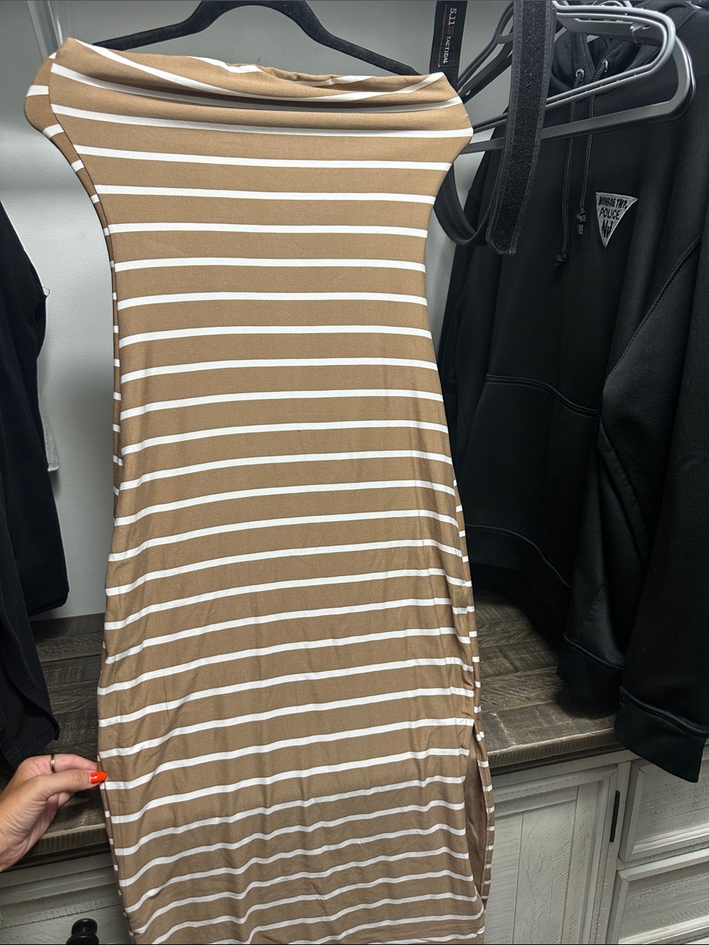 Sleeveless Tan & White Striped Women's Dress